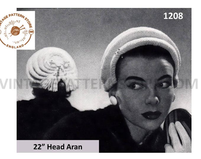 Ladies Womens 50s vintage aran clip cap hat pdf knitting pattern 22" Head Size Instant PDF download 1208