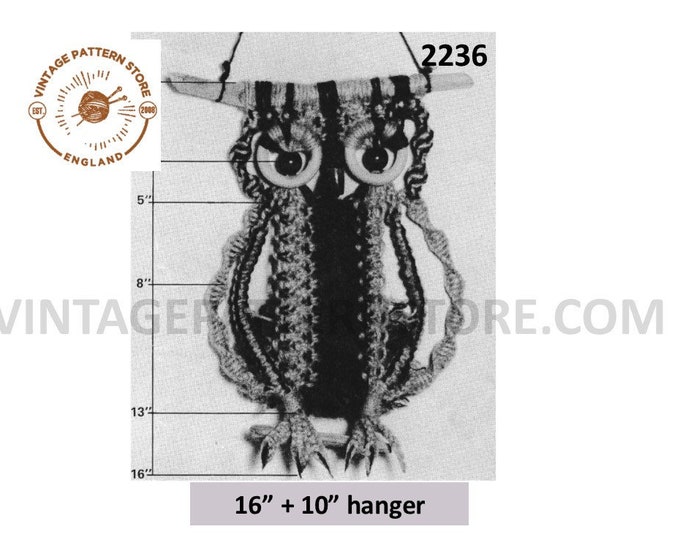 70s vintage wall hanging macrame owl pdf macrame pattern 16" by 10" with easy to follow instructions Instant PDF Download 2236