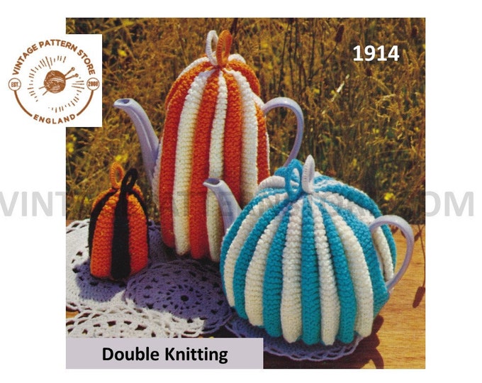 70s vintage easy to knit DK fluted rib ribbed 2 colour coffee tea and egg cosy pdf knitting pattern Instant PDF download 1914