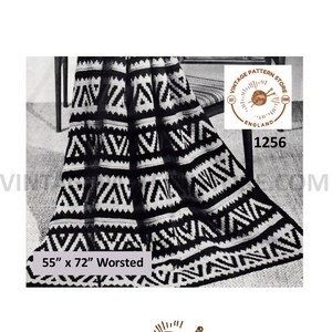 May include: Black and white crochet blanket pattern with a geometric design. The pattern is for a blanket that is 55 inches by 72 inches and uses worsted weight yarn. The pattern is from Vintage Pattern Store, England.