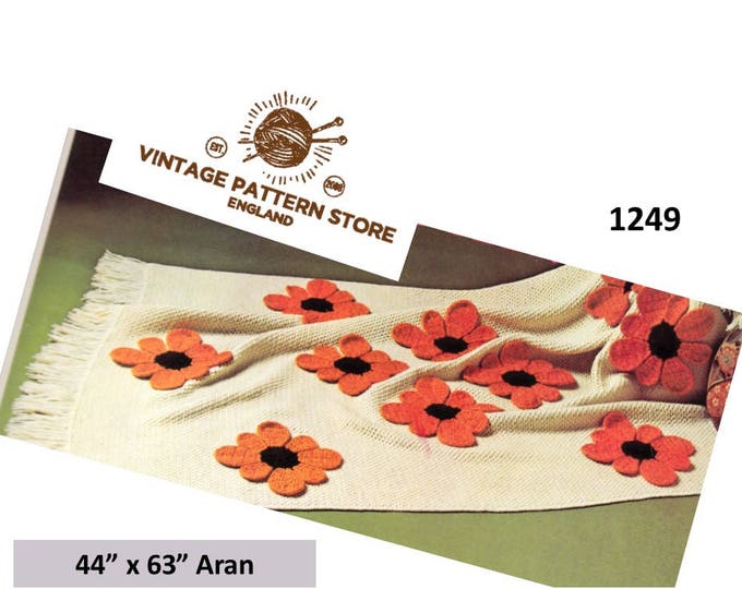 70s vintage black eyed susan raised floral fringed aran afghan throw pdf crochet pattern 44" by 63" Instant PDF download 1249