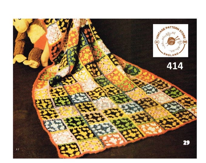 70s vintage easy to crochet DK motif granny blanket afghan throw pdf crochet pattern makes to size Instant PDF Download 414