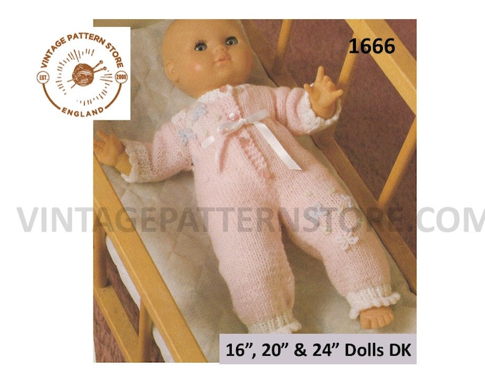 80s vintage 16" 20" 24" Baby Dolls DK pyjamas all in one layette dolls clothes pdf knitting pattern Instant PDF Download 1666