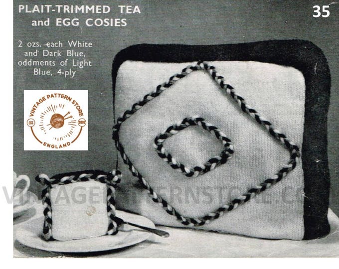 40s vintage 4 ply plaid trimmed rectangular tea cosy and egg cosy set pdf knitting pattern Instant PDF Download 35