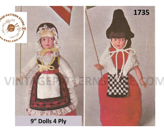 70s vintage 9" 4 ply dolls clothes Danish and Scottish outfits pdf knitting pattern Instant PDF download 1735