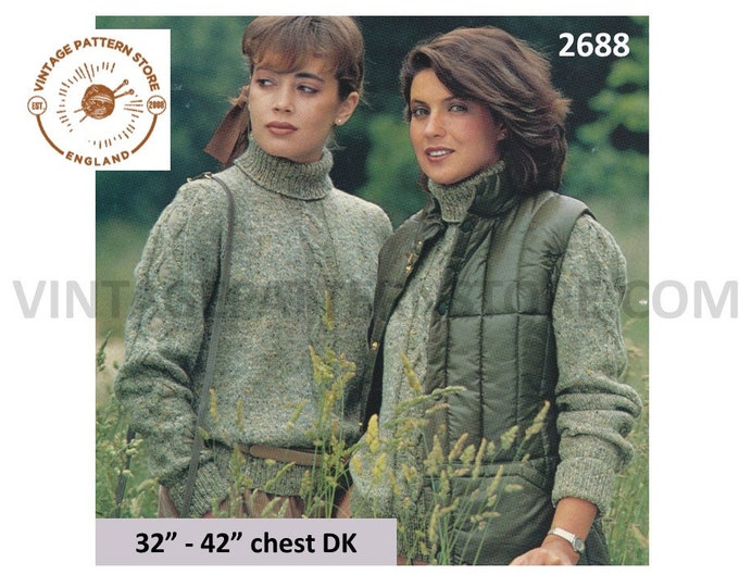 Womens Ladies 90s DK polo neck cable panel cabled dolman sweater jumper pdf knitting pattern 32" to 42" chest Instant PDF download 2688