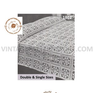 May include: A vintage crochet pattern for a bedspread or throw. The pattern is for a double or single size bedspread and is from Vintage Pattern Store, England. The pattern number is 1802.