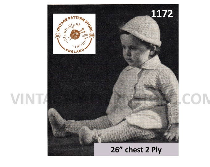 Baby Babies 30s vintage 2 ply pram set with round neck textured raglan jacket hat legginettes pdf knitting pattern 26" chest Download 1172