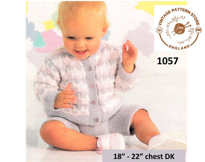 Baby Babies 80s vintage round neck fair isle DK raglan cardigan and shorts pdf knitting pattern 18" to 22" chest Instant PDF download 1057