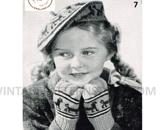 Girls 40s vintage 3 ply fair isle intarsia dog motif gloves & beret hat pdf knitting pattern ages 5 to 6 years Instant PDF download 7