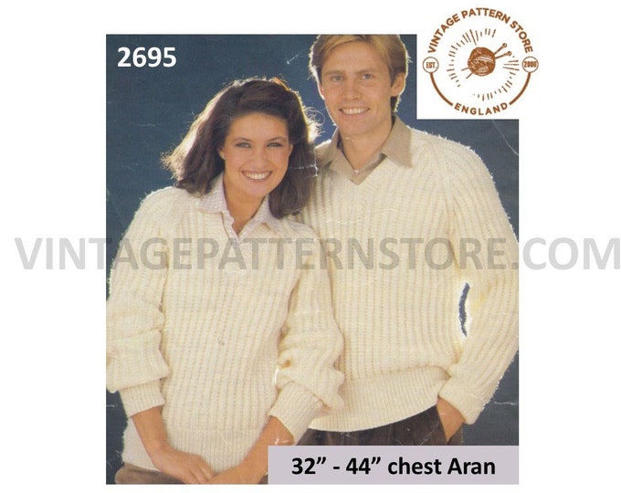 Womens Mens 80s quick & easy to knit V neck fishermans rib ribbed raglan aran sweater jumper pdf knitting pattern 32" to 44" Download 2695