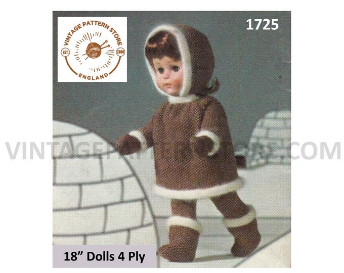 70s vintage 18" 4 ply dolls clothes Inuit Eskimo angora trim hoodie jacket boots trousers and mittens pdf knitting pattern Download 1725