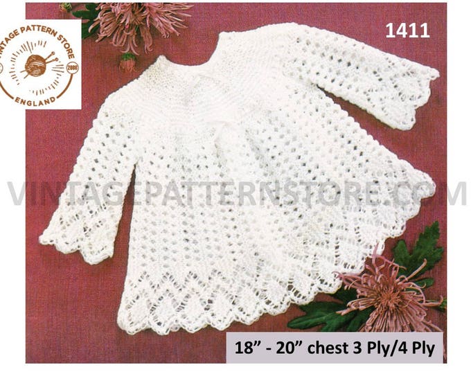 Baby Babies 70s vintage 3 ply or 4 ply lacy eyelet lace dress angel top pdf knititng pattern 18" to 20" chest Instant PDF download 1411