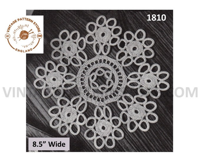 60s vintage circular round lacy lace floral motif doily doilies table mat pdf crochet pattern 8.5" diameter Instant PDF download 1810
