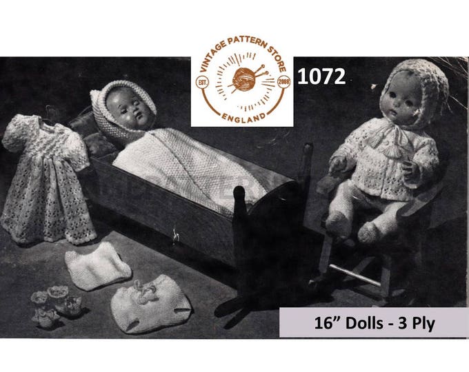 50s vintage 16" 3 ply baby doll clothes pram set layette pdf knitting pattern 8 items to knit Instant PDF download 1072