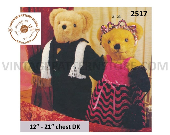 90s DK teddy bear clothes evening suit & dress pdf knitting pattern 12" to 21" chest Instant PDF download 2517