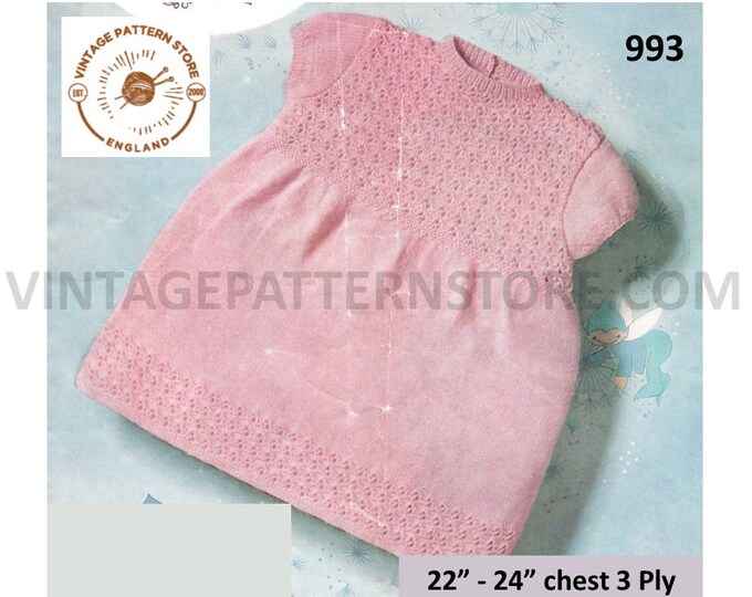 Baby Babies 60s vintage 3 ply round neck cap sleeve contrast yoke lacy yoked dress pdf knitting & crochet pattern 22" to 24" Download 993