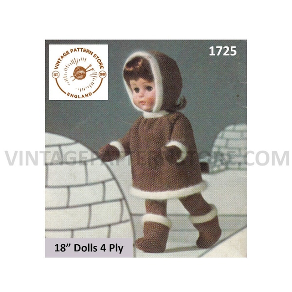 70s vintage 18" 4 ply dolls clothes Inuit Eskimo angora trim hoodie jacket boots trousers and mittens pdf knitting pattern Download 1725