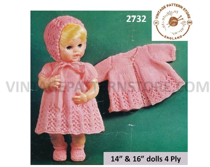 80s vintage 14" 16" 4 ply Baby dolls clothes pram set dress matinee coat jacket bonnet booties pdf knitting pattern instant download 2732