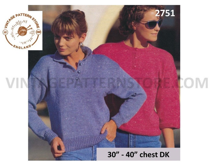Ladies Womens 90s DK shirt neck collared long or short sleeve dolman sweater jumper pdf knitting pattern 30" to 40" chest PDF download 2751
