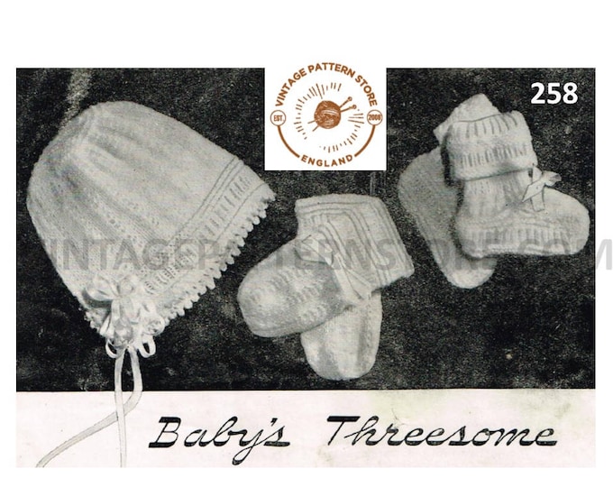 Newborn Baby Babies 30s vintage 3 ply picot lace lacy bonnet mittens and booties bootees pdf knitting pattern Instant PDF Download 258