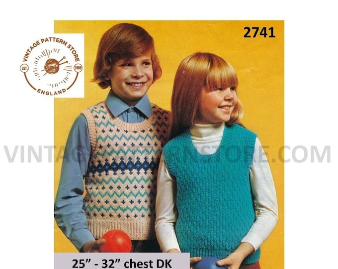 Boys Girls 70s scoop neck fair isle & textured DK sleeveless sweater vest tank top pdf knitting pattern 25" to 32" chest PDF download 2741