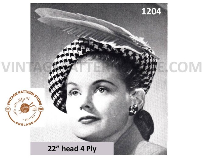 Ladies Womens 50s vintage Scottish Breton check patterned hat pdf knitting pattern 22" Head Size Instant PDF download 1204