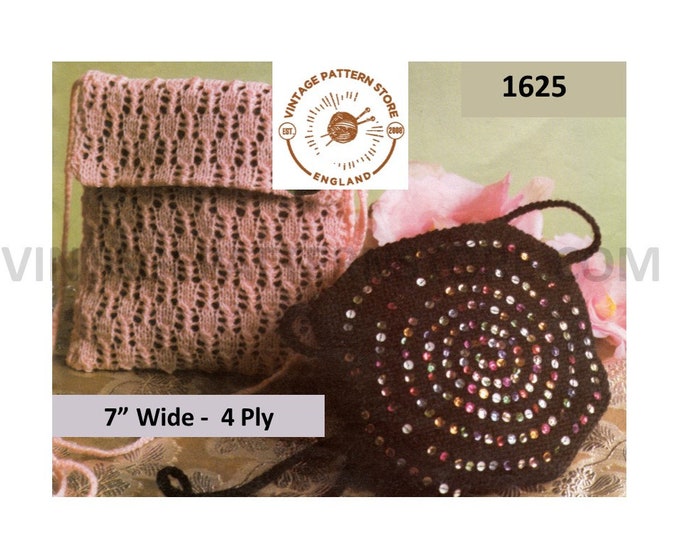 Ladies Womens Girls 80s vintage 4 ply square lacy & circular round sequin evening bag purse pdf knitting pattern 7" wide PDF Download 1625