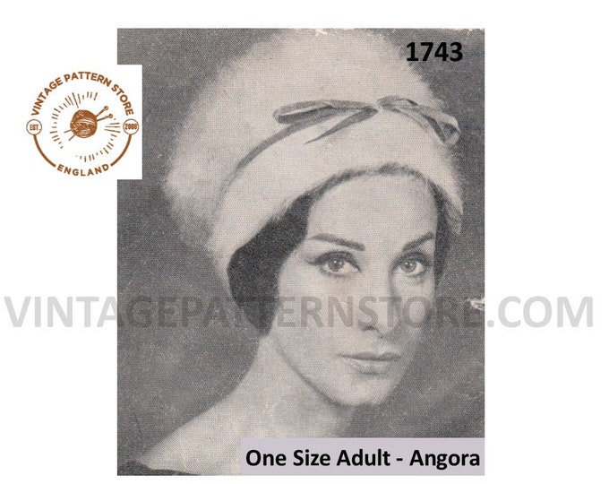Ladies Womens 50s vintage retro angora hat pdf knitting pattern One Size Adult Instant PDF download 1743
