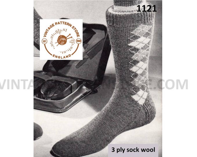 Mens Mans 50s vintage retro 3 ply Scottish Argyll fair isle diamond panel socks pdf knitting pattern Instant PDF download 1121