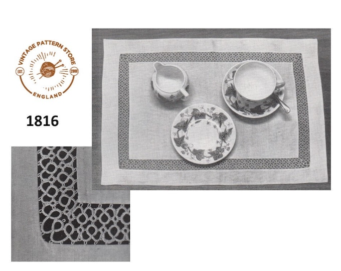 60s vintage rectangular inset tatted lace lacy dining luncheon place mat pdf tatting pattern Instant PDF download 1816