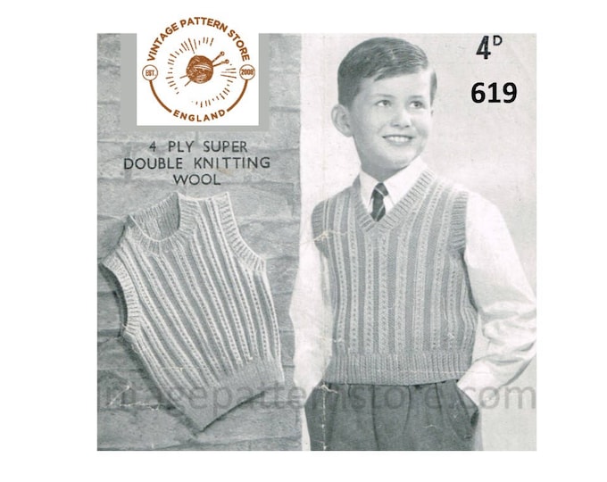 Boys 40s vintage 4 ply or DK round or V neck cable rib ribbed sleeveless sweater vest tank top pdf knitting pattern 24" to 27" Download 619