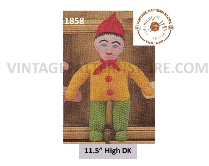 60s vintage DK cuddly toy pixie elf gnome pdf knitting pattern 11.5" high Instant PDF download 1858