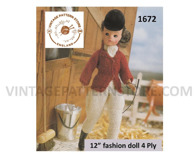 80s vintage 12" fashion doll 4 ply Barbie Sindy doll clothes horse riding jophers jacket & cravat pdf knitting pattern Instant Download 1672