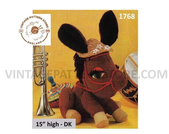 70s vintage retro DK cuddly toy donkey pdf knitting pattern 15" high Instant PDF download 1768
