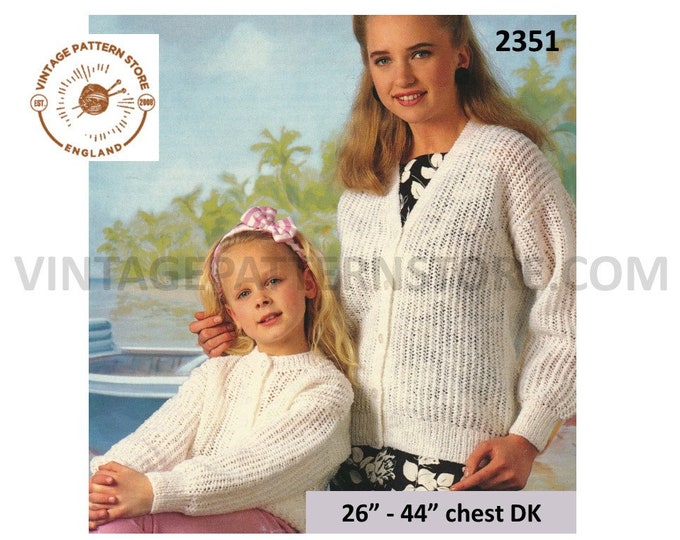 Ladies Womens Girls 90s simple & easy to knit V or round neck drop shoulder DK raglan cardigan pdf knitting pattern 26" to 44" Download 2351