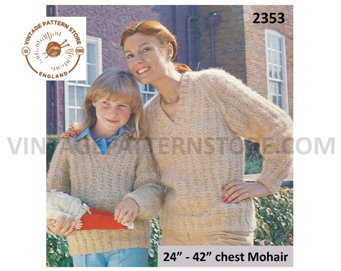 Ladies Girls 90s quick and easy to knit V neck raglan mohair sweater jumper pdf knitting pattern 24" to 42" chest Instant PDF download 2353