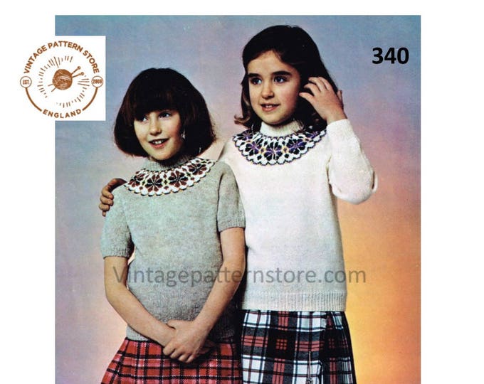 Girls 80s vintage 4 ply floral fair isle yoke long or short sleeve raglan sweater jumper knitting pattern 22" to 30" PDF download 340