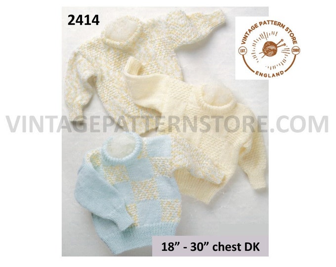 Baby Babies Childrens 90s DK round neck textured and check raglan sweater jumper pdf knitting pattern 18" to 30" chest Instant download 2414