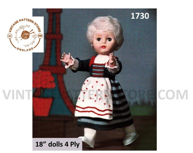 70s Vintage 18" 4 ply dolls clothes French National Dress pdf knitting pattern Instant PDF Download 1730