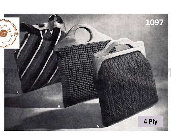 50s vintage 4 ply striped cable cabled and textured knitting hand bag purse pdf crochet & knitting pattern Instant PDF download 1097