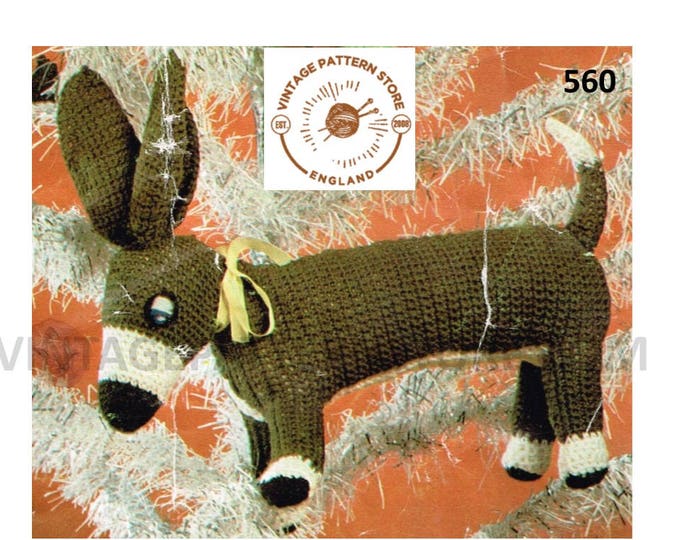 70s vintage DK cuddly toy donkey pdf crochet pattern 15" long by 10" high Instant PDF download 560