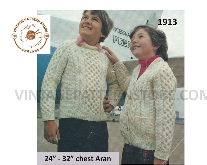 Boys Girls 80s vintage crew or V neck cable cabled aran cardigan and sweater jumper pdf knitting pattern 24" to 32" chest PDF download 1913