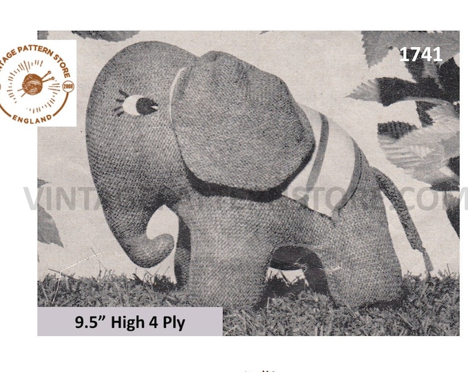 50s vintage retro 4 ply cuddly toy elephant pdf knitting pattern 9.5" high Instant PDF Download 1741