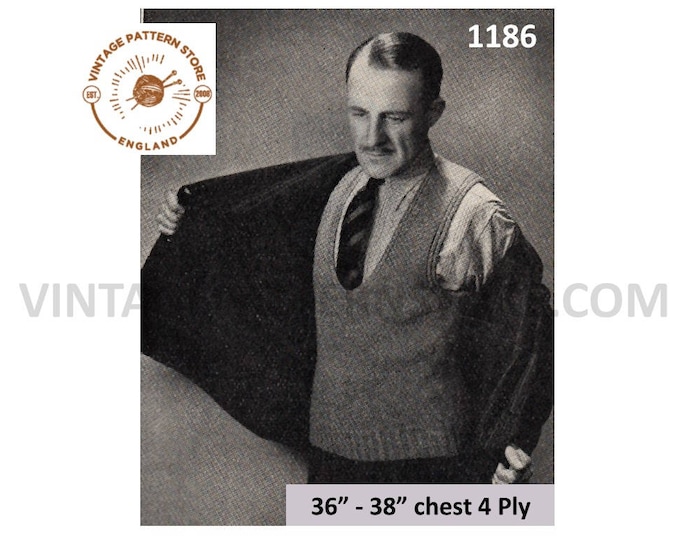 Mens Mans 30s vintage scoop neck 4 ply sleeveless sweater vest tank top pdf knitting pattern 36" to 38" chest Instant PDF download 1186
