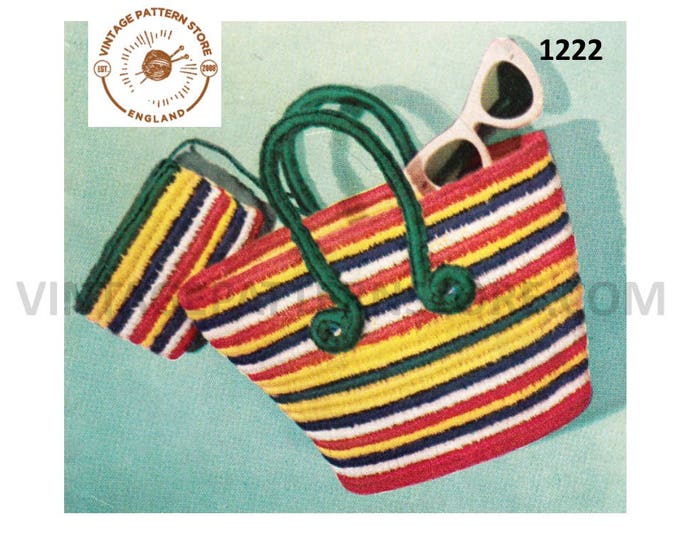 Ladies Womens 50s vintage multi coloured striped beach bag shopper purse tote pdf crochet pattern Instant PDF download 1222