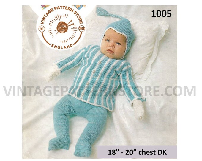 Baby Babies 60s vintage DK round neck striped raglan jacket bonnet and leggings pram set pdf crochet pattern 18" to 20" chest Download 1005