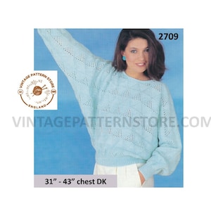 Ladies Womens 80s vintage DK round neck lacy lace batwing sweater jumper pdf knitting pattern 31" to 43" chest Instant PDF download 2709