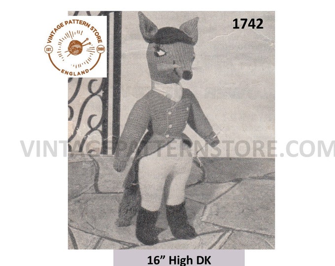 50s vintage DK cuddly toy Sly Mr Fox pdf knitting pattern 16" High Instant PDF Download 1742