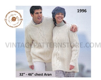 Mens Ladies Womens 90s round neck cable & texture aran raglan tunic sweater jumper pdf knitting pattern 32" to 46" chest PDF download 1996